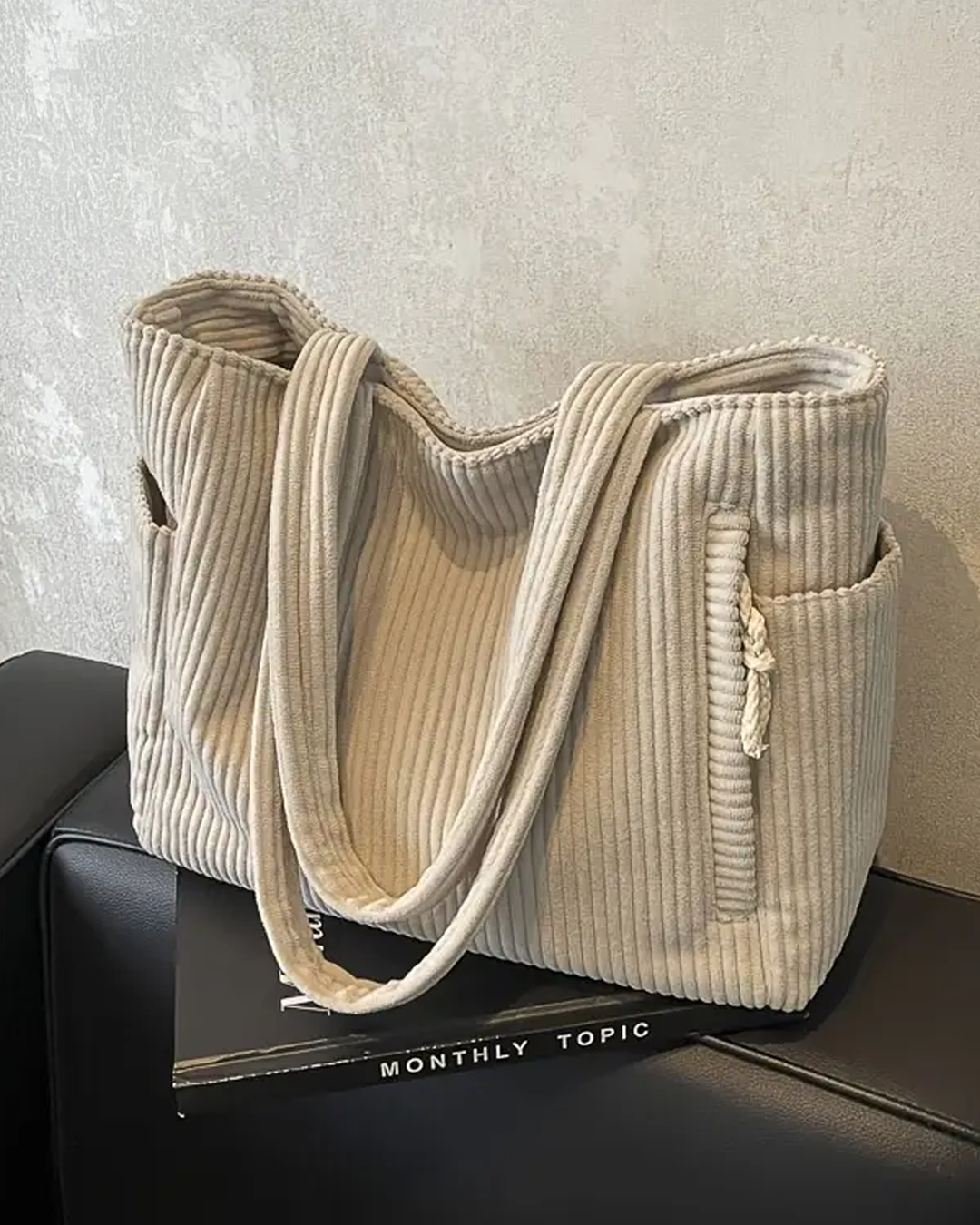 Elara | Cozy Ribbed Drawstring Tote Bag
