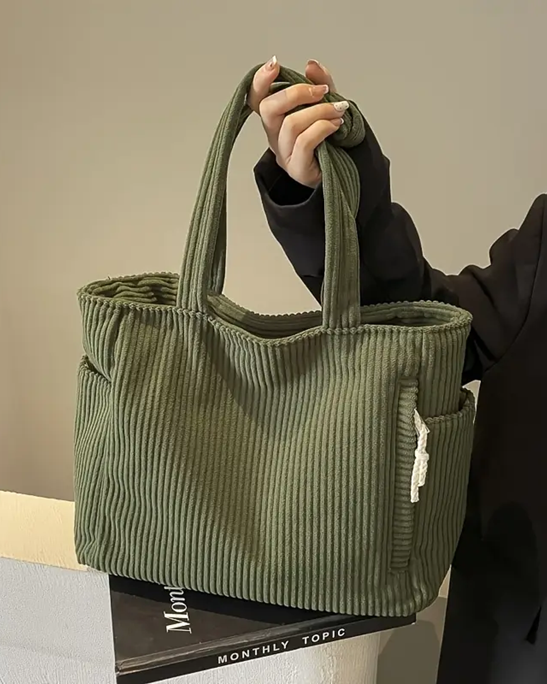 Elara | Cozy Ribbed Drawstring Tote Bag