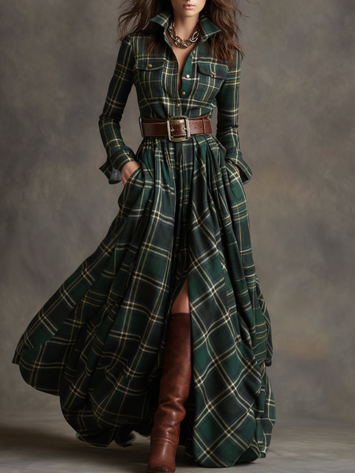 Maribel | Classic Plaid Belted Maxi Dress
