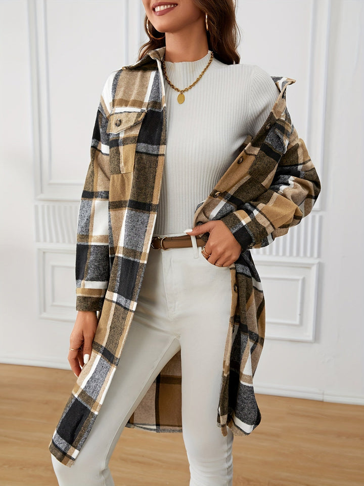 Linda | Cozy Long Plaid Button-Front Coat