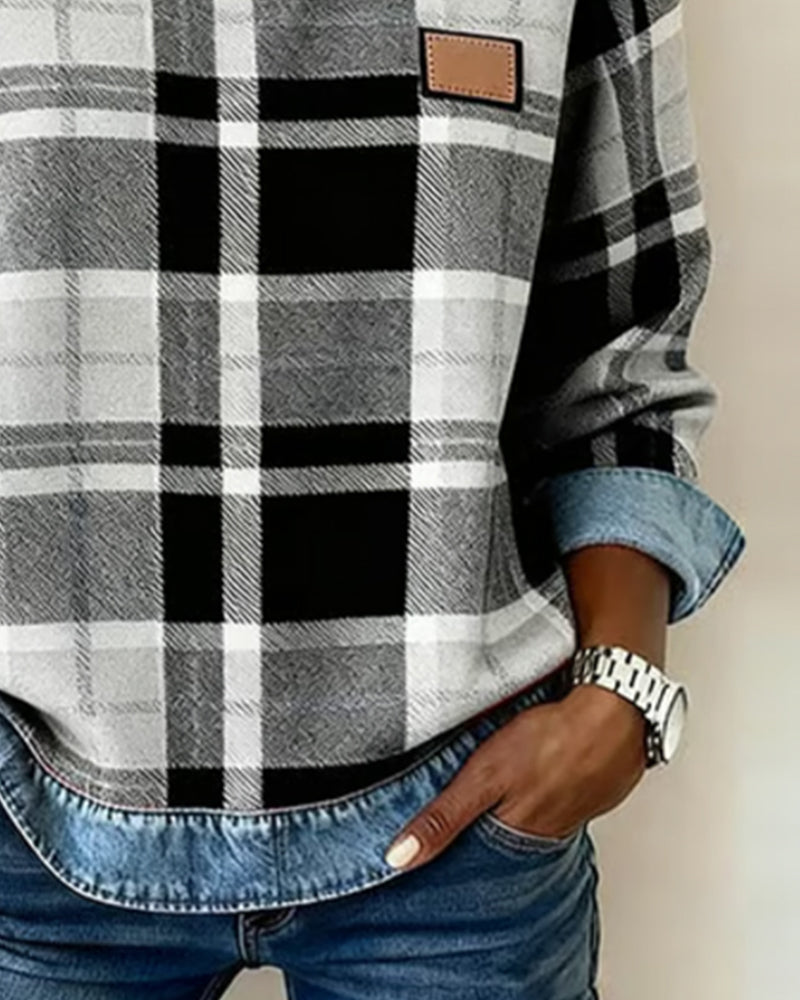 Hannah | Plaid Detail Round Neck Sweatshirt