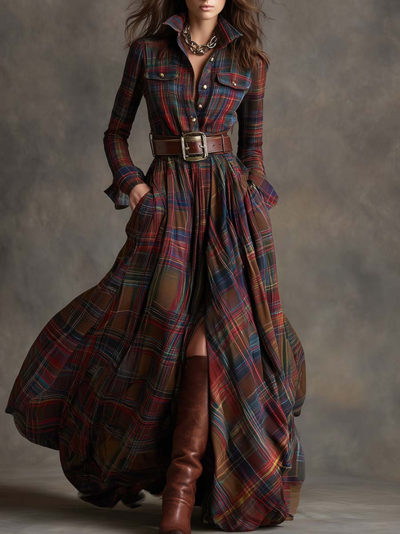Maribel | Classic Plaid Belted Maxi Dress