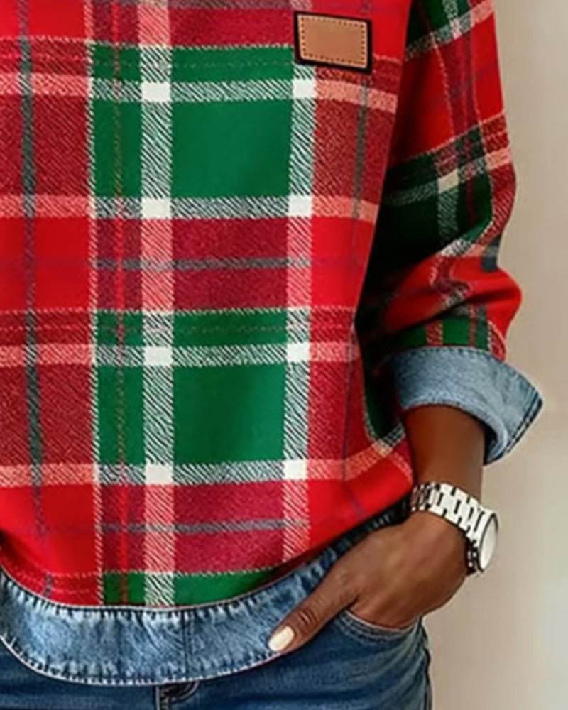 Hannah | Plaid Detail Round Neck Sweatshirt