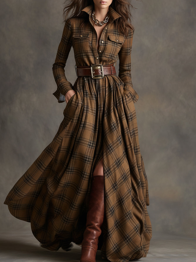 Maribel | Classic Plaid Belted Maxi Dress