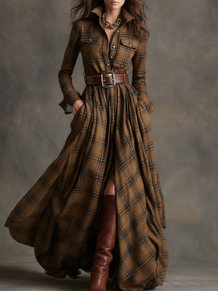 Maribel | Classic Plaid Belted Maxi Dress
