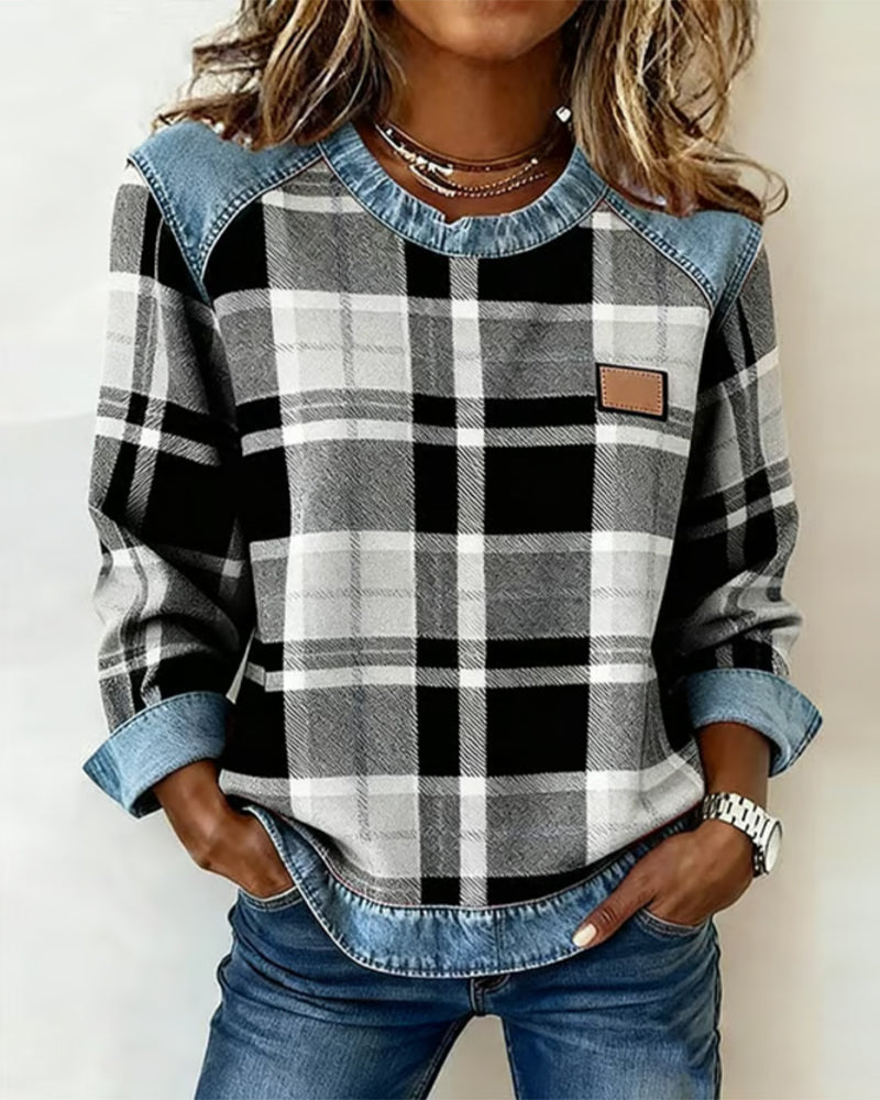Hannah | Plaid Detail Round Neck Sweatshirt