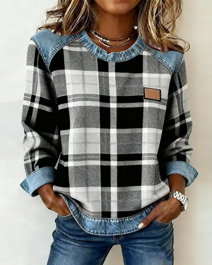 Hannah | Plaid Detail Round Neck Sweatshirt