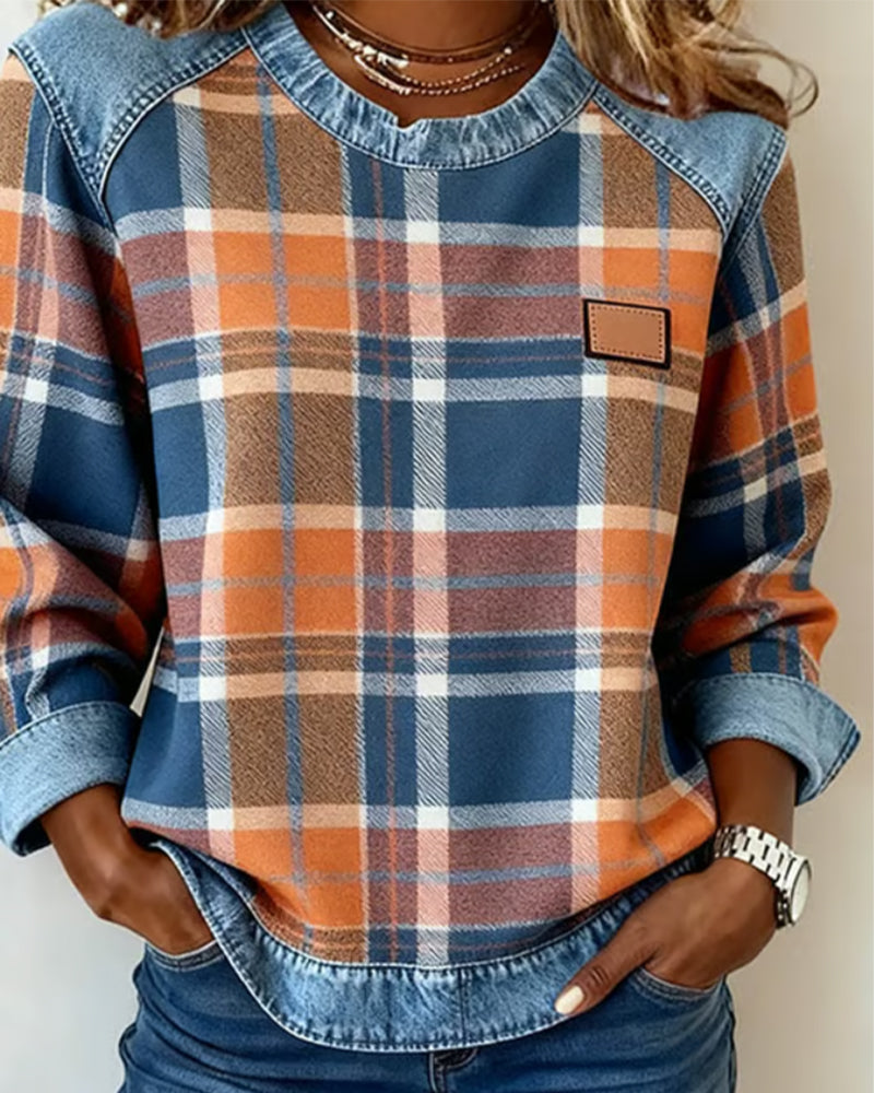 Hannah | Plaid Detail Round Neck Sweatshirt