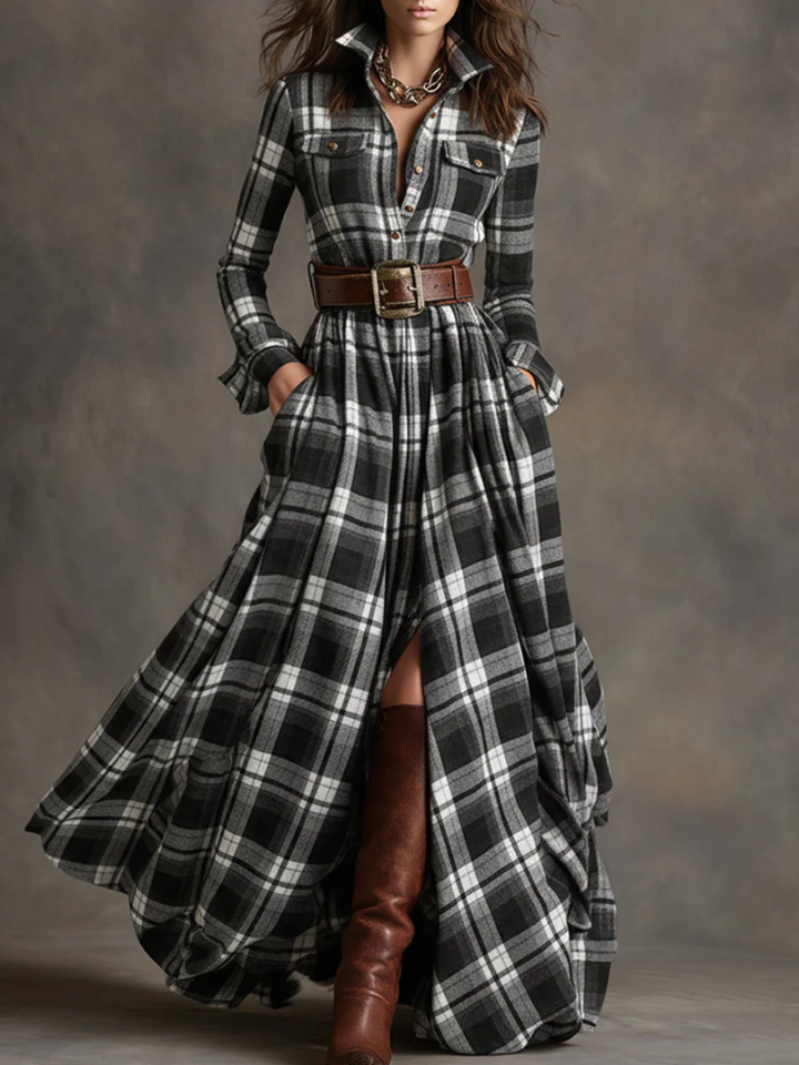Maribel | Classic Plaid Belted Maxi Dress