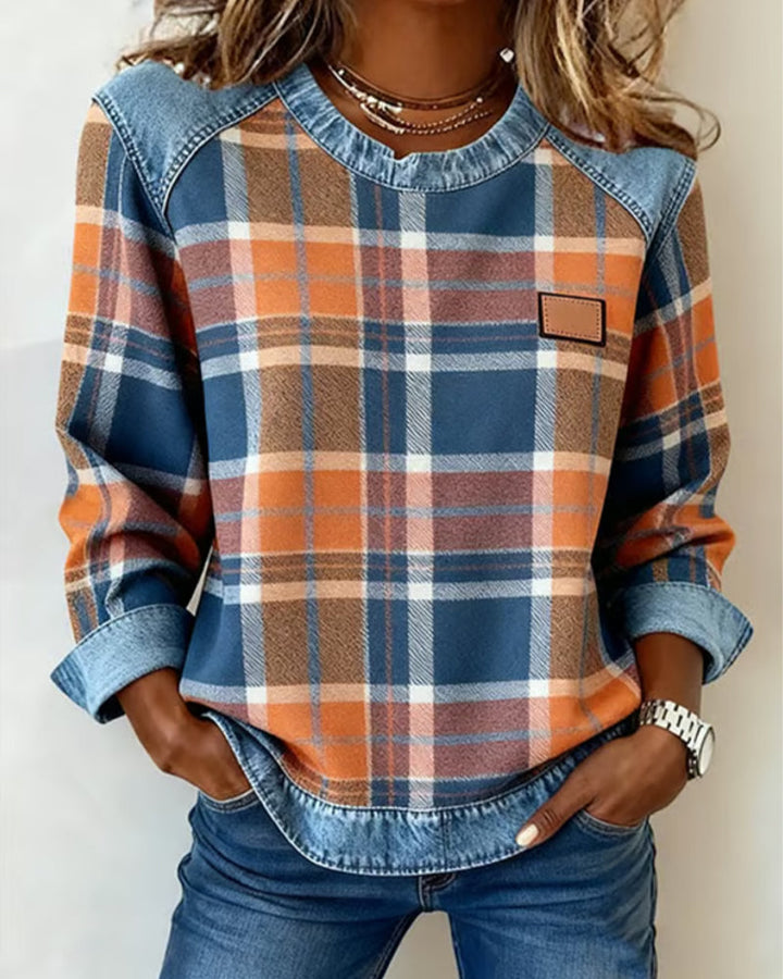 Hannah | Plaid Detail Round Neck Sweatshirt