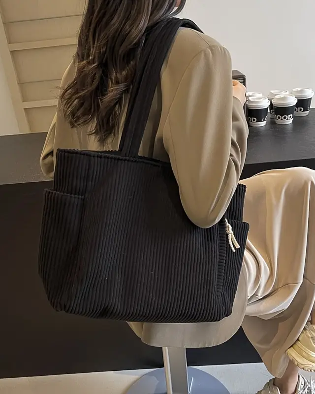 Elara | Cozy Ribbed Drawstring Tote Bag